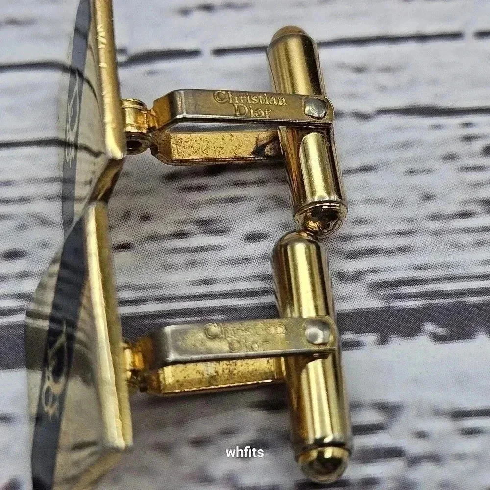 Christian Dior Gold and Navy Blue Logo Cufflinks Vintage with Box